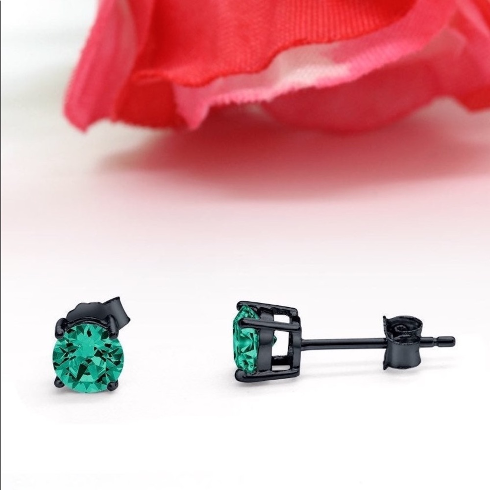 18K BLACK GOLD EMERALD DIAMOND STUD EARRINGS